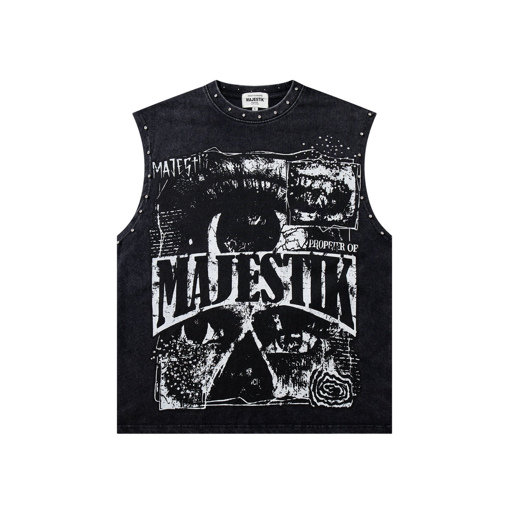 MAJESTIK Washed Black Studded Sleeveless T-Shirt — hero