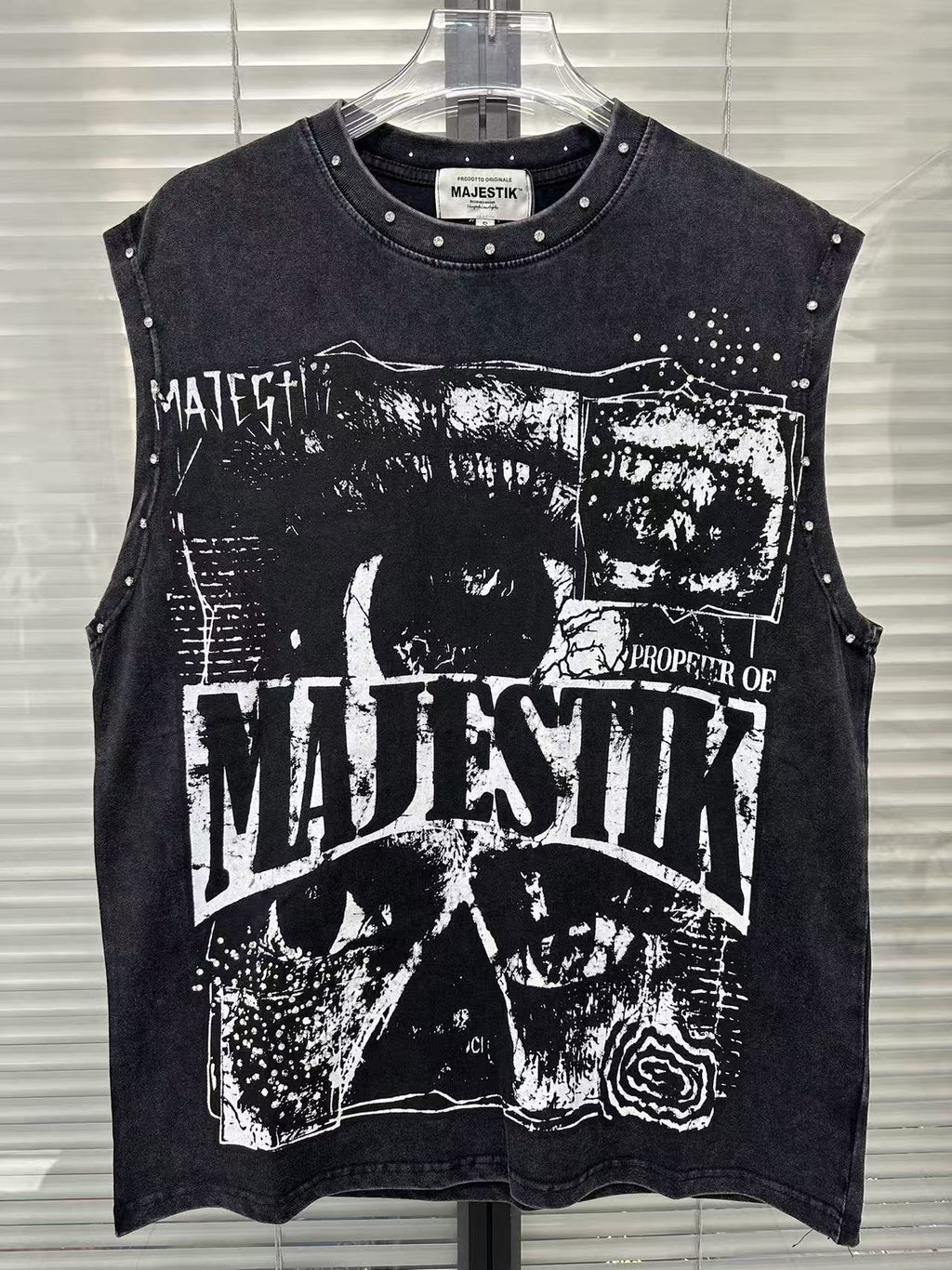 MAJESTIK Washed Black Studded Sleeveless T-Shirt — front