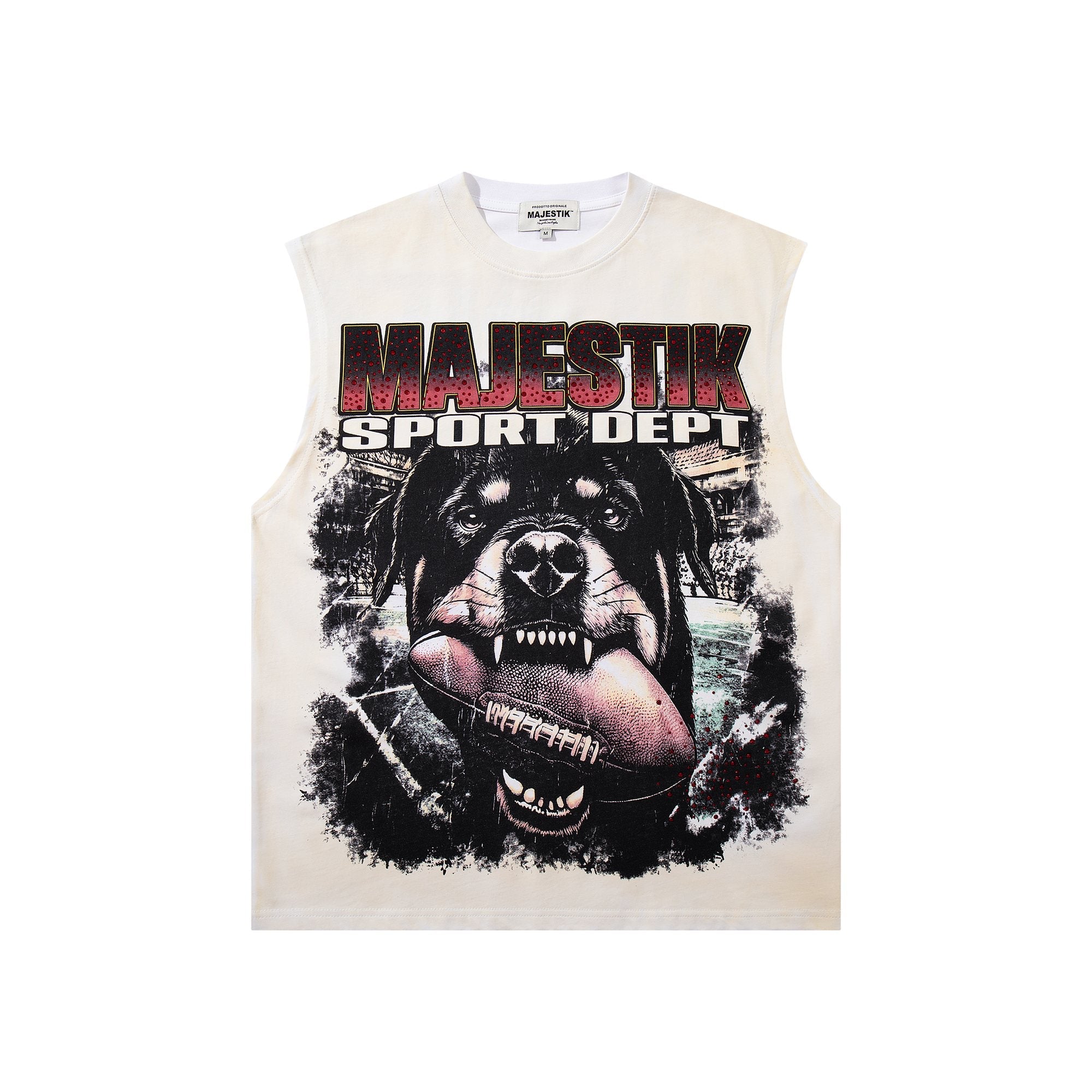 MAJESTIK Cream Distressed Rhinestone Sleeveless T-Shirt — hero