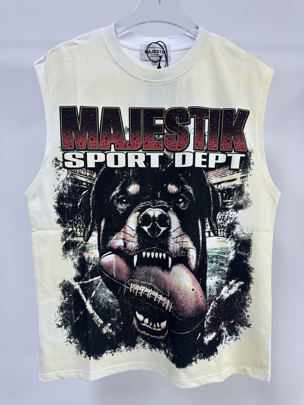 MAJESTIK Cream Distressed Rhinestone Sleeveless T-Shirt — front