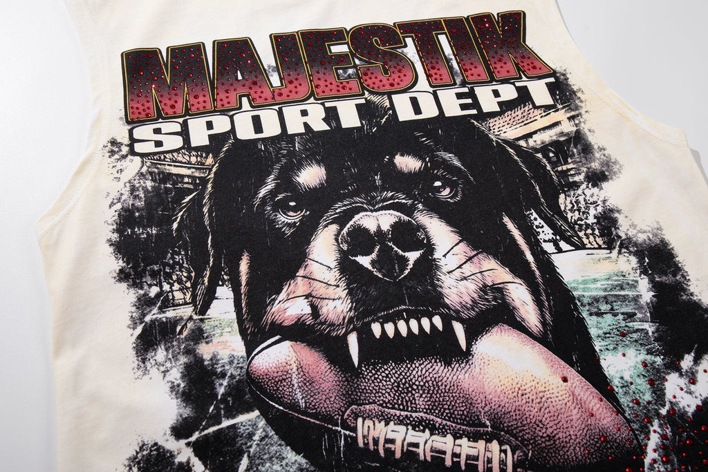 MAJESTIK Cream Distressed Rhinestone Sleeveless T-Shirt — detail