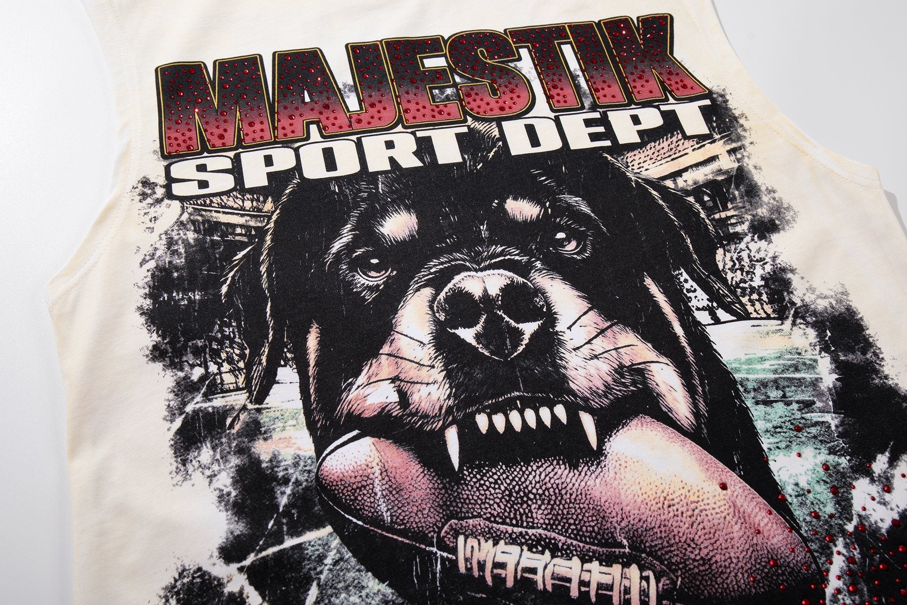 MAJESTIK Cream Distressed Rhinestone Sleeveless T-Shirt — detail