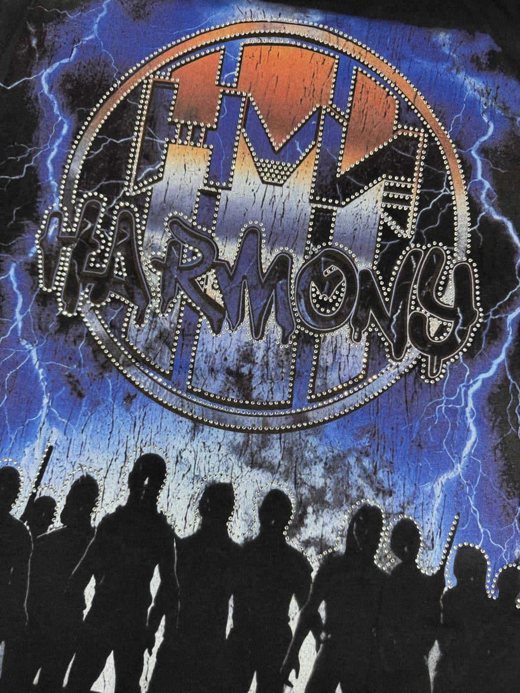 HARMONY New Age Distressed Rhinestone Graphic T-Shirt — detail