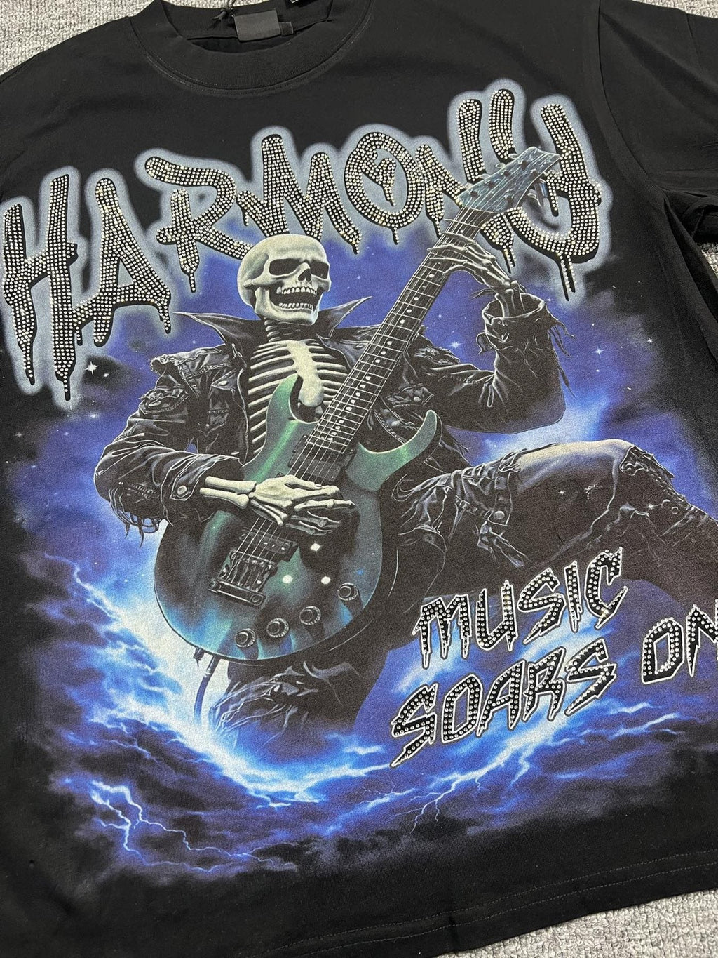 HARMONY New Age Skeleton Guitar Graphic T-Shirt — detail