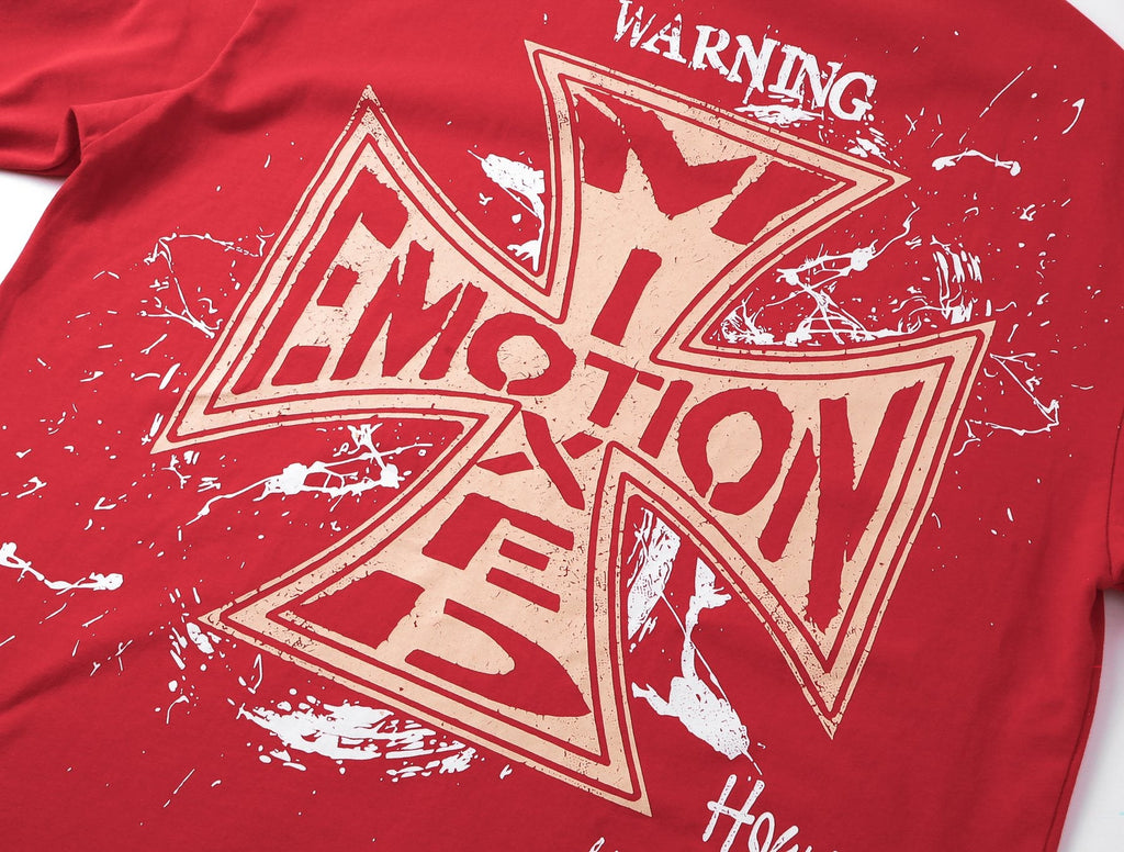 MIXED EMOTION Washed Red Front & Back Graphic T-Shirt — detail