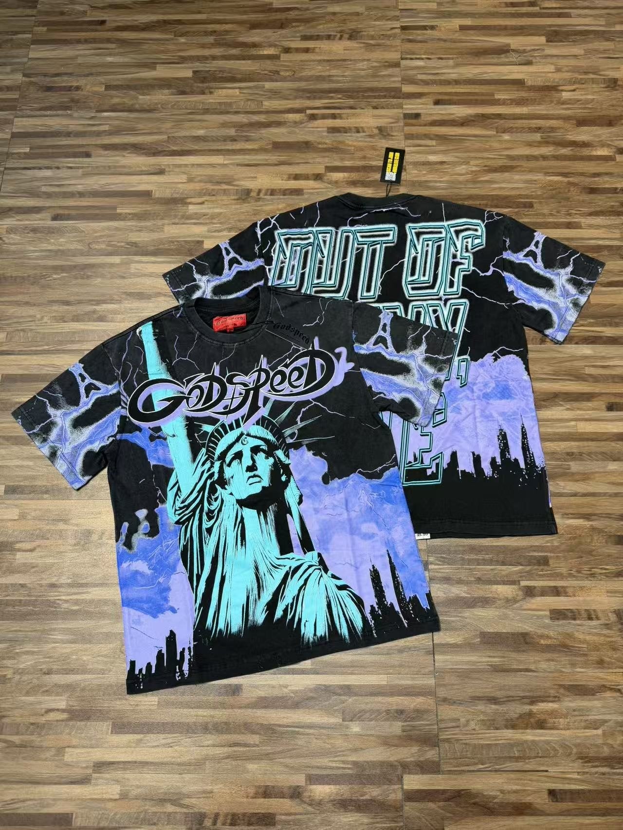 Godspeed Statue of Liberty Lightning Graphic T-Shirt — context