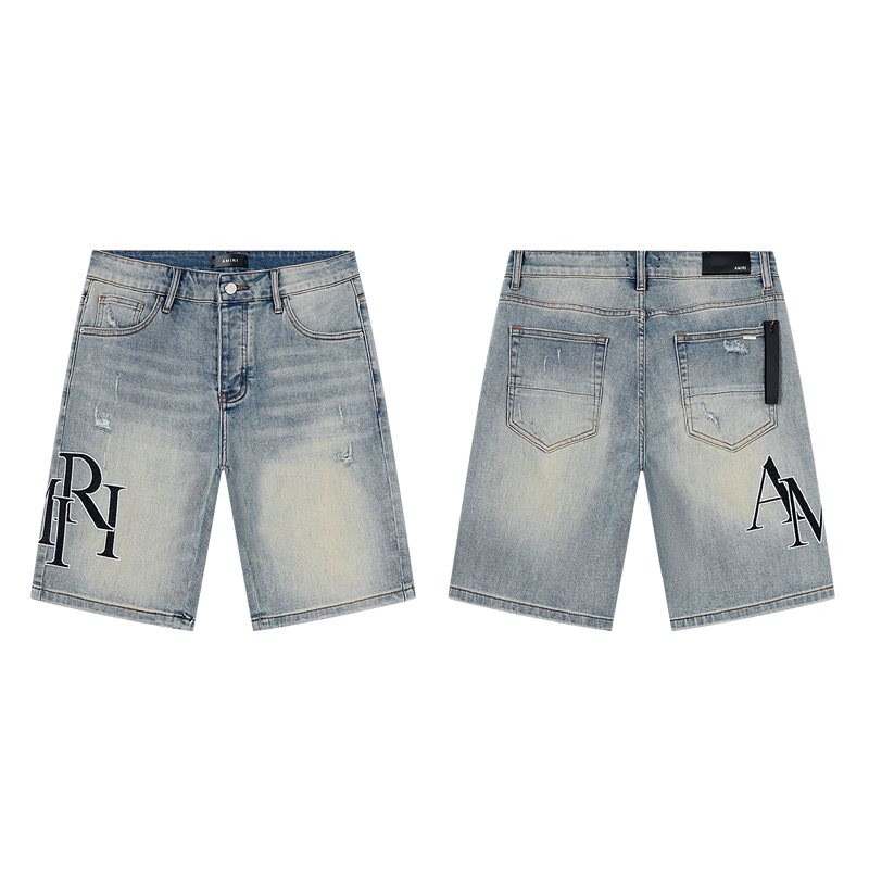 AMIRI Light Blue Distressed Monogram Denim Shorts — hero