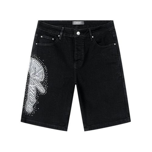 AMIRI Black Rhinestone Script Denim Shorts — hero