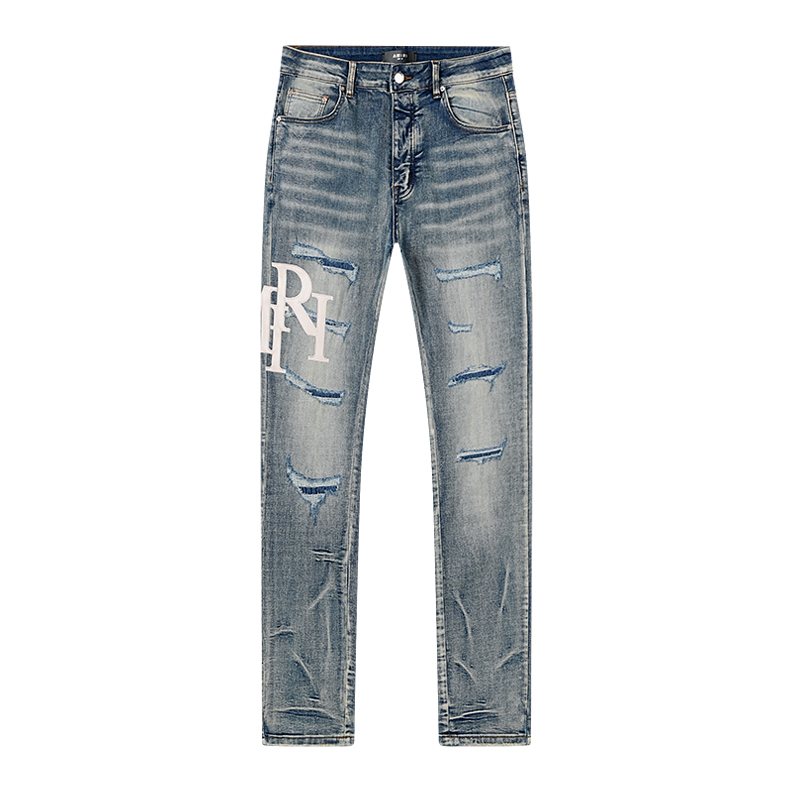 AMIRI Light Blue Distressed Letter Graphic Jeans — front