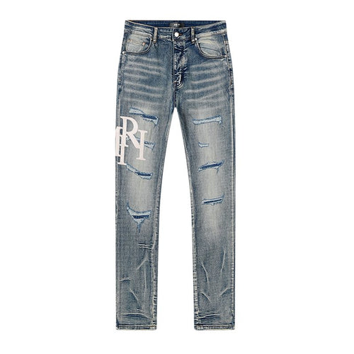 AMIRI Light Blue Distressed Letter Graphic Jeans — front