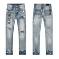 Amiri Light Blue Distressed Leg Print Jeans — hero