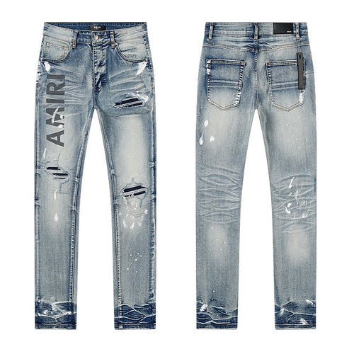 Amiri Light Blue Distressed Leg Print Jeans — hero