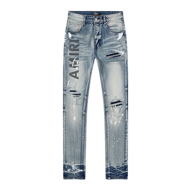Amiri Light Blue Distressed Leg Print Jeans — front