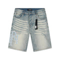 AMIRI Light Blue Monogram Denim Shorts — hero