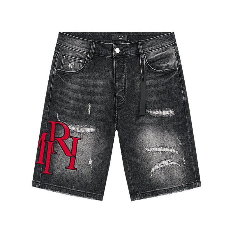 AMIRI Washed Black Embroidered Denim Shorts — front