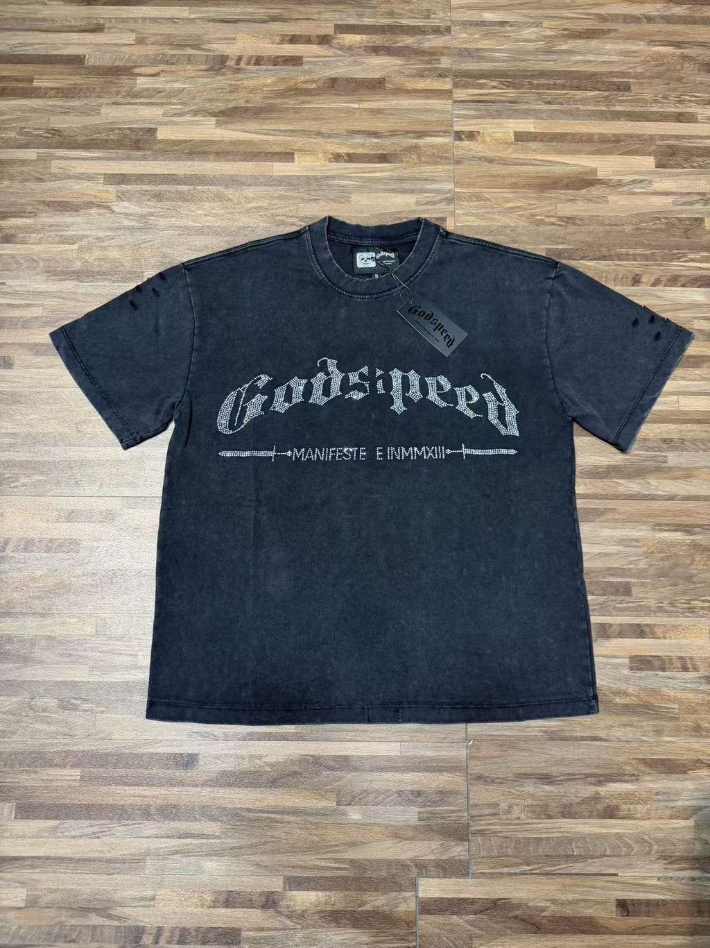Godspeed Washed Rhinestone Graphic T-Shirt — front