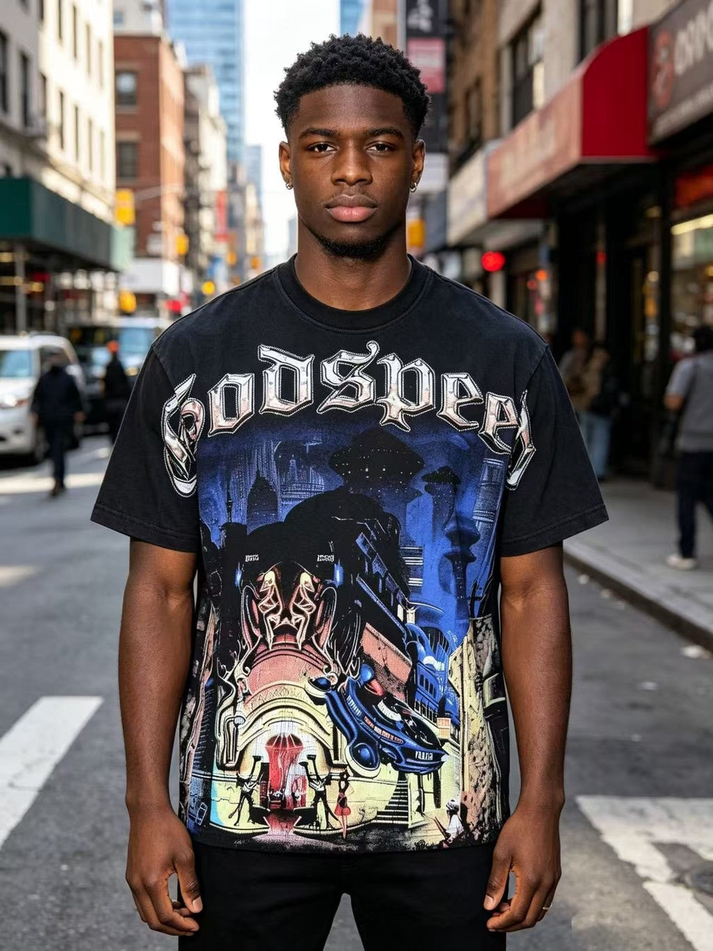 Godspeed Washed Black Rock Graphic T-Shirt — model