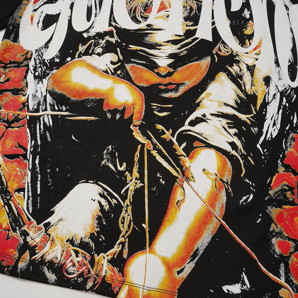 MIXED EMOTION Black Illustrated Front & Back Graphic T-Shirt — detail