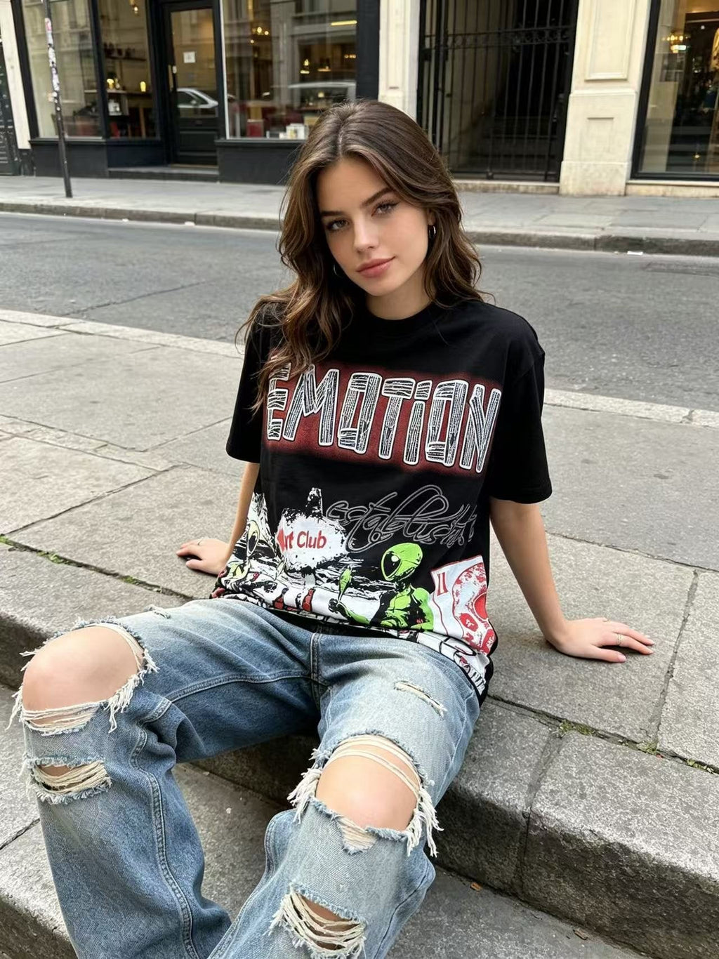 MIXED EMOTION Front and Back Graphic T-Shirt — model