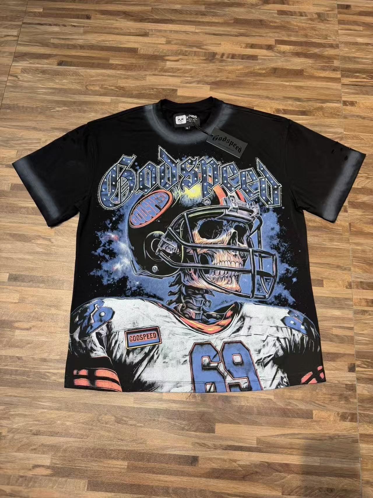 Godspeed Football Skull Graphic T-Shirt — front