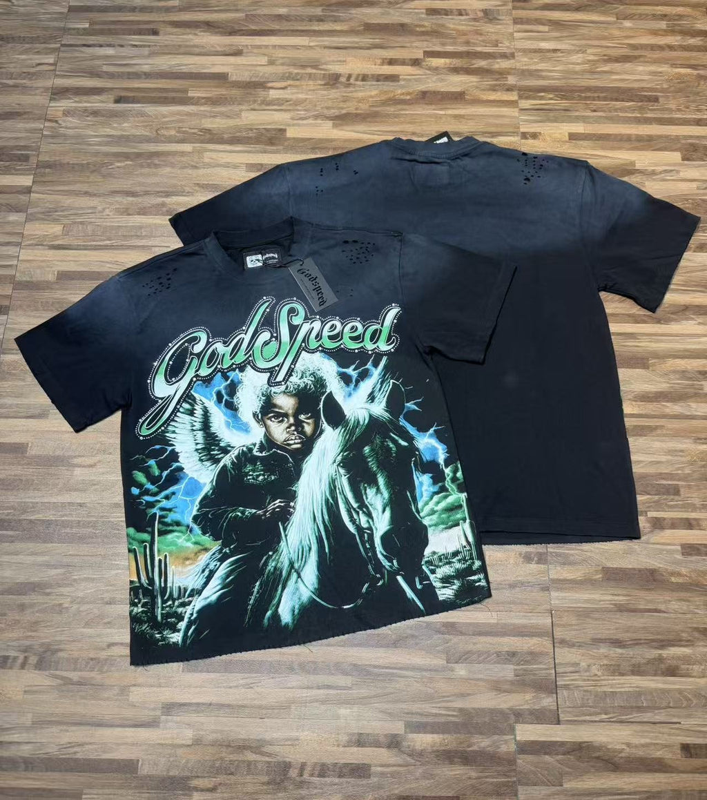 Godspeed Distressed Rhinestone Short-Sleeve Graphic T-Shirt — context