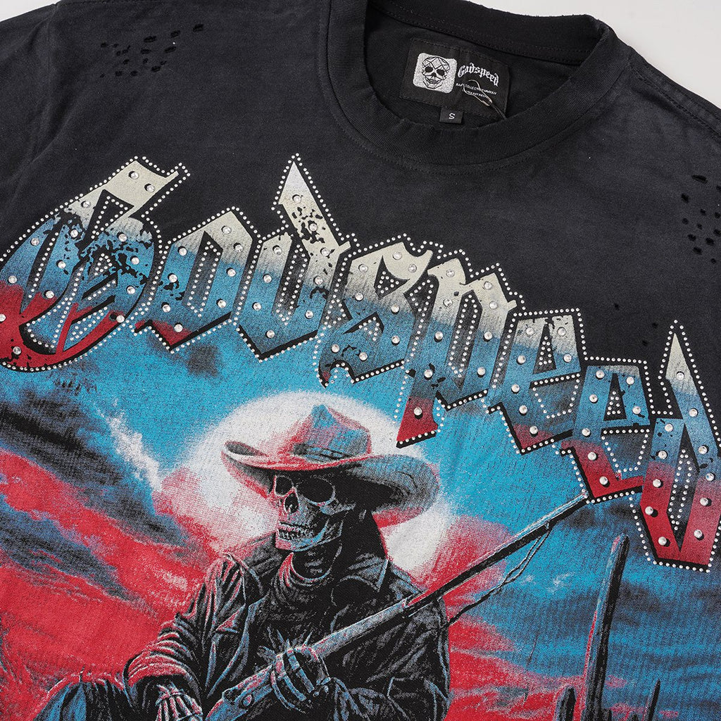 Godspeed Cowboy Skull Rhinestone-Style Short-Sleeve T-Shirt — detail