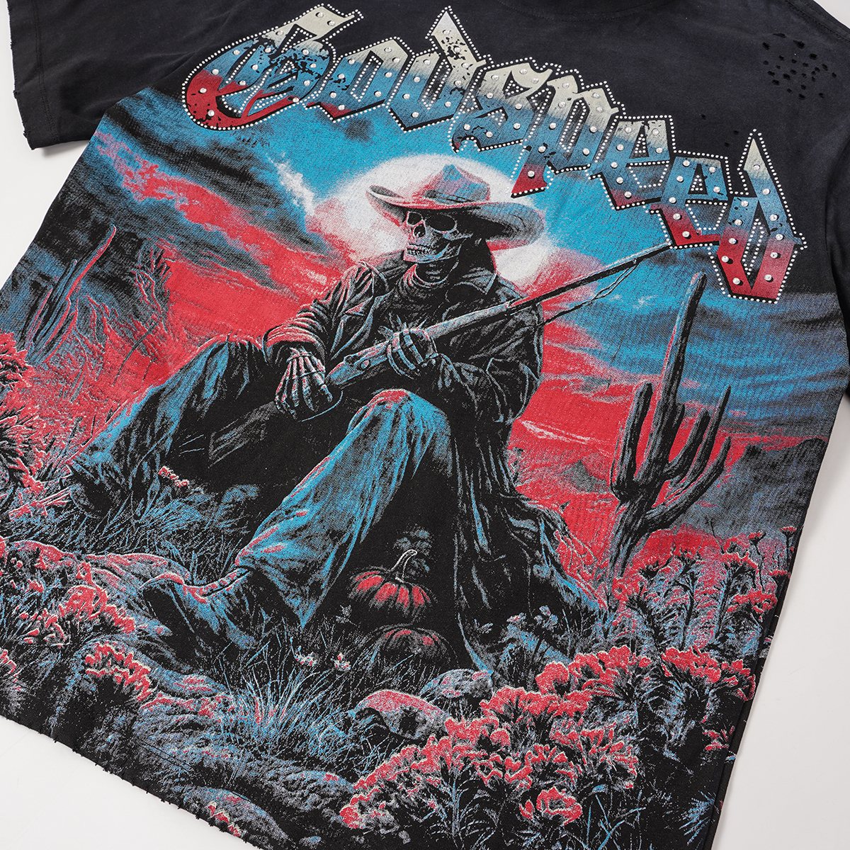 Godspeed Cowboy Skull Rhinestone-Style Short-Sleeve T-Shirt — detail