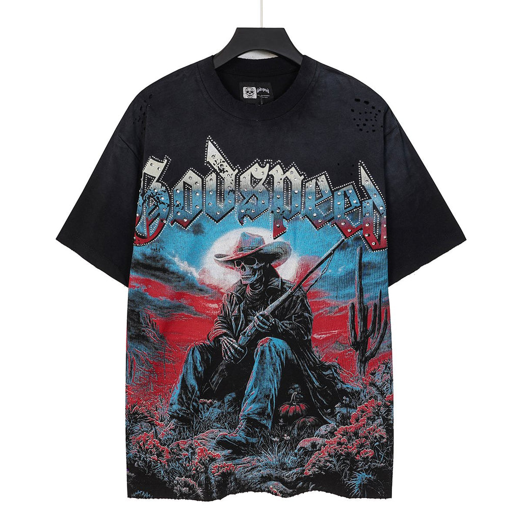Godspeed Cowboy Skull Rhinestone-Style Short-Sleeve T-Shirt — hero