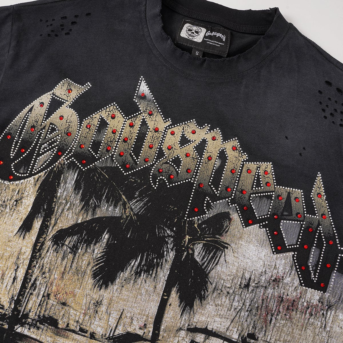 Godspeed Distressed Rhinestone Graphic T-Shirt — detail