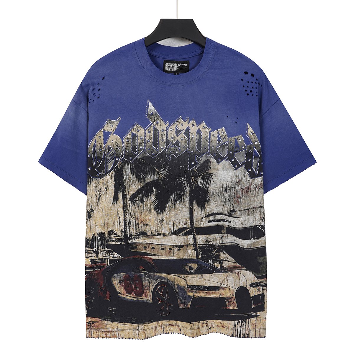 Godspeed Distressed Rhinestone Graphic T-Shirt — front