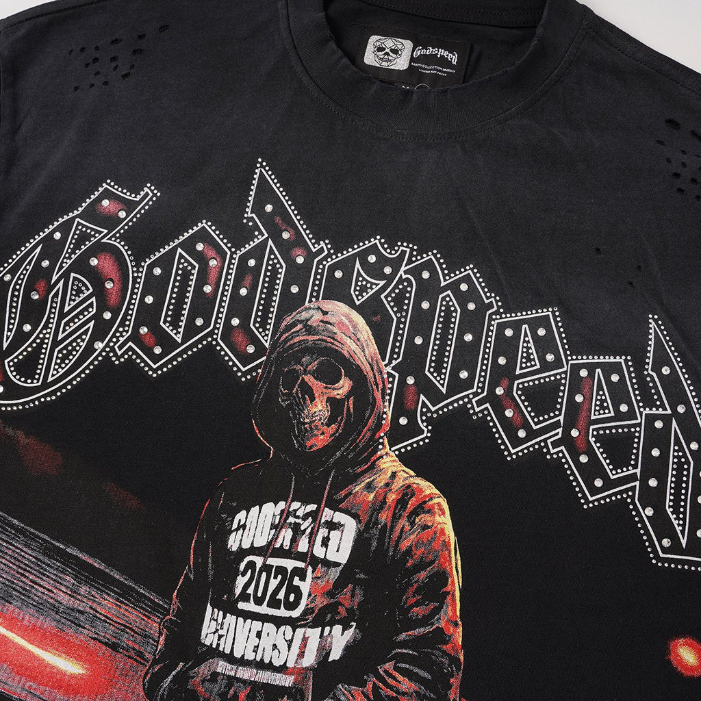 Godspeed Manifested Dreams University Distressed Short-Sleeve T-Shirt — detail