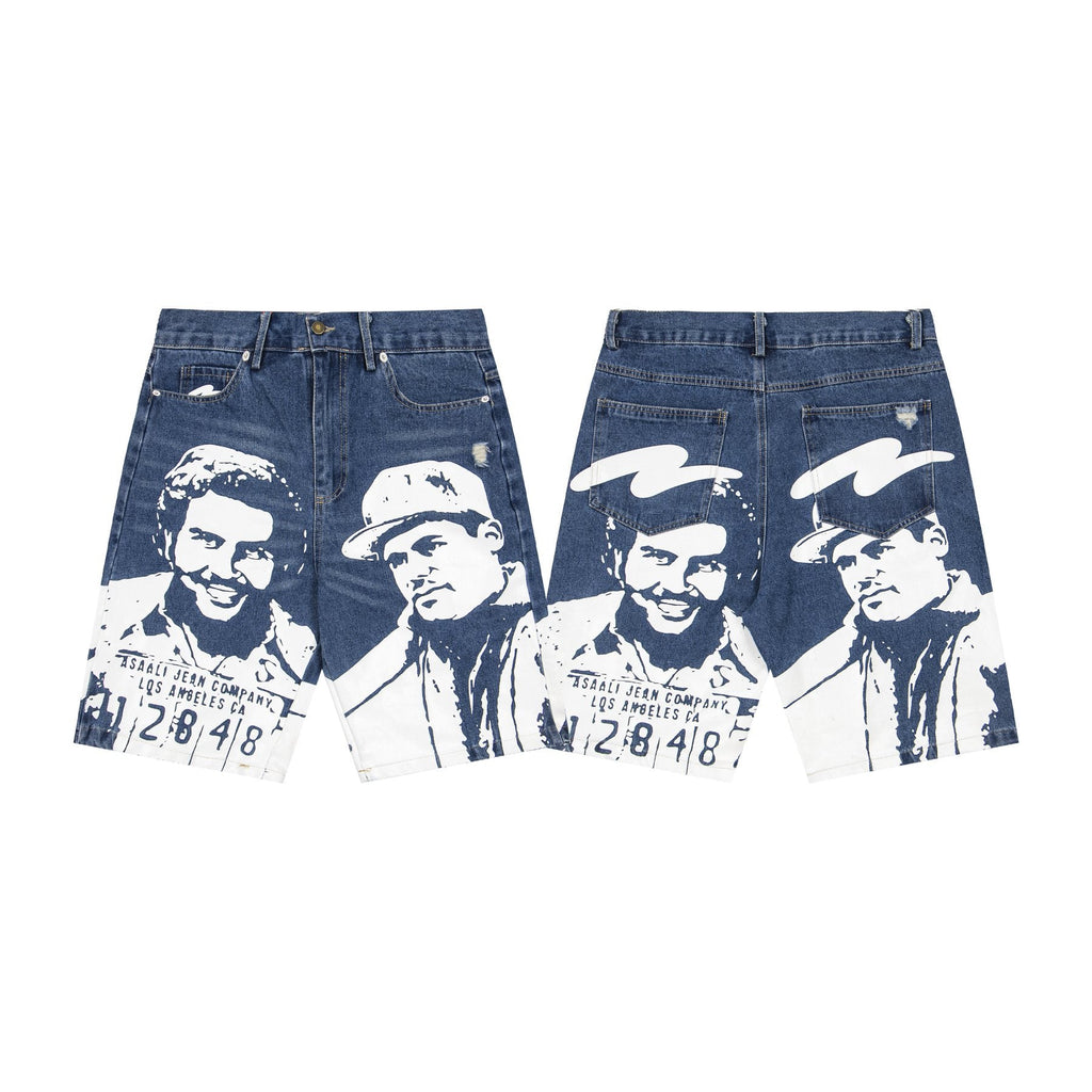 ASAALL Portrait Graphic Washed Denim Shorts — front