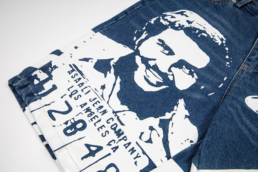 ASAALL Portrait Graphic Washed Denim Shorts — detail