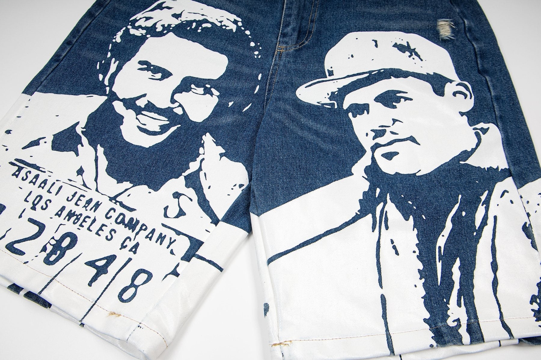 ASAALL Portrait Graphic Washed Denim Shorts — detail