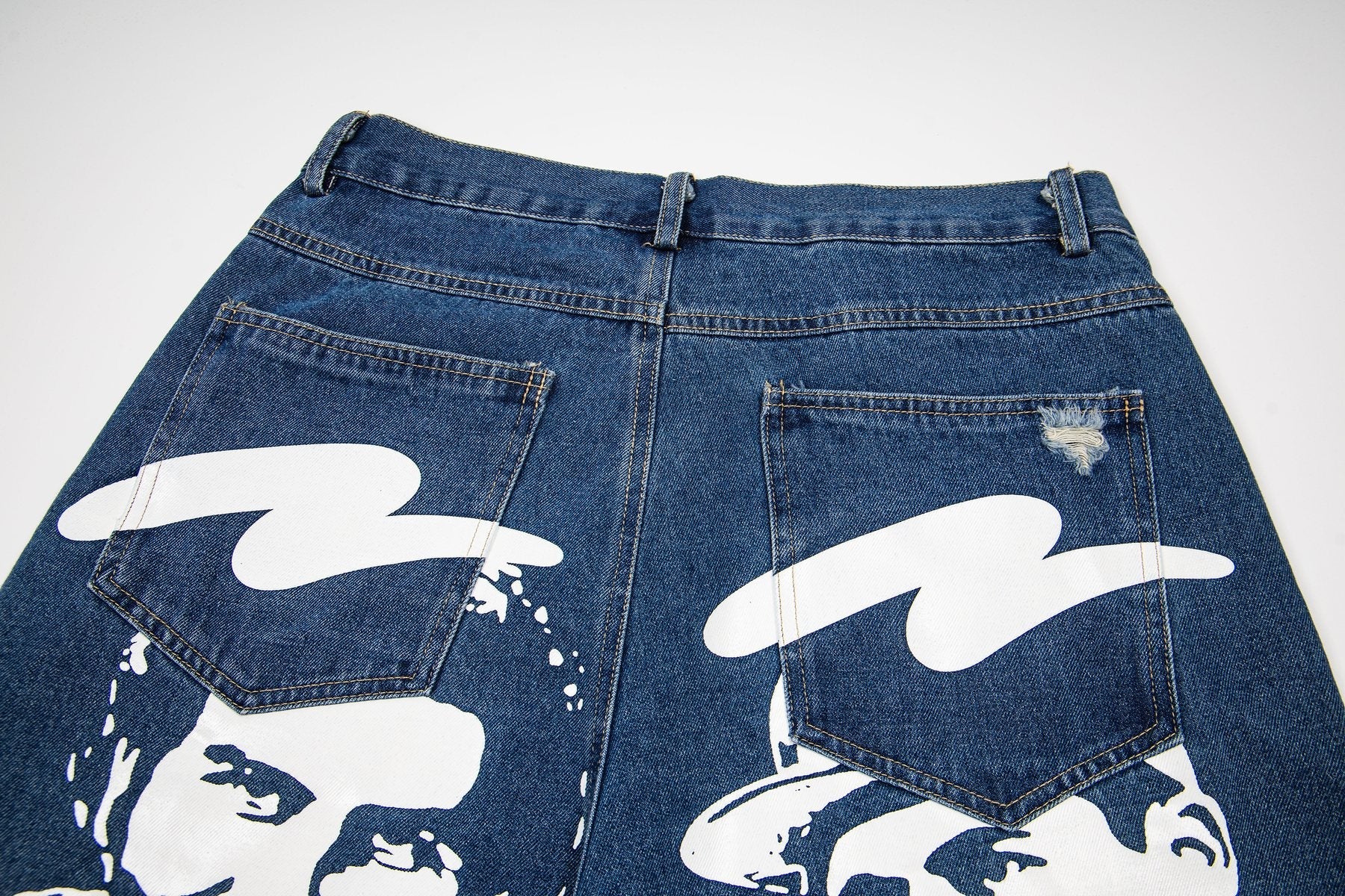 ASAALL Portrait Graphic Washed Denim Shorts — detail