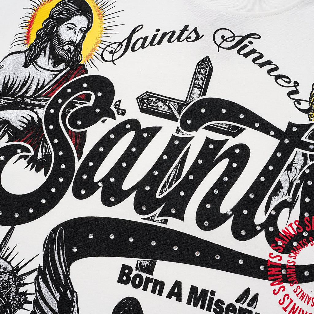 SAINT Rhinestone Religious Graphic T-Shirt — detail