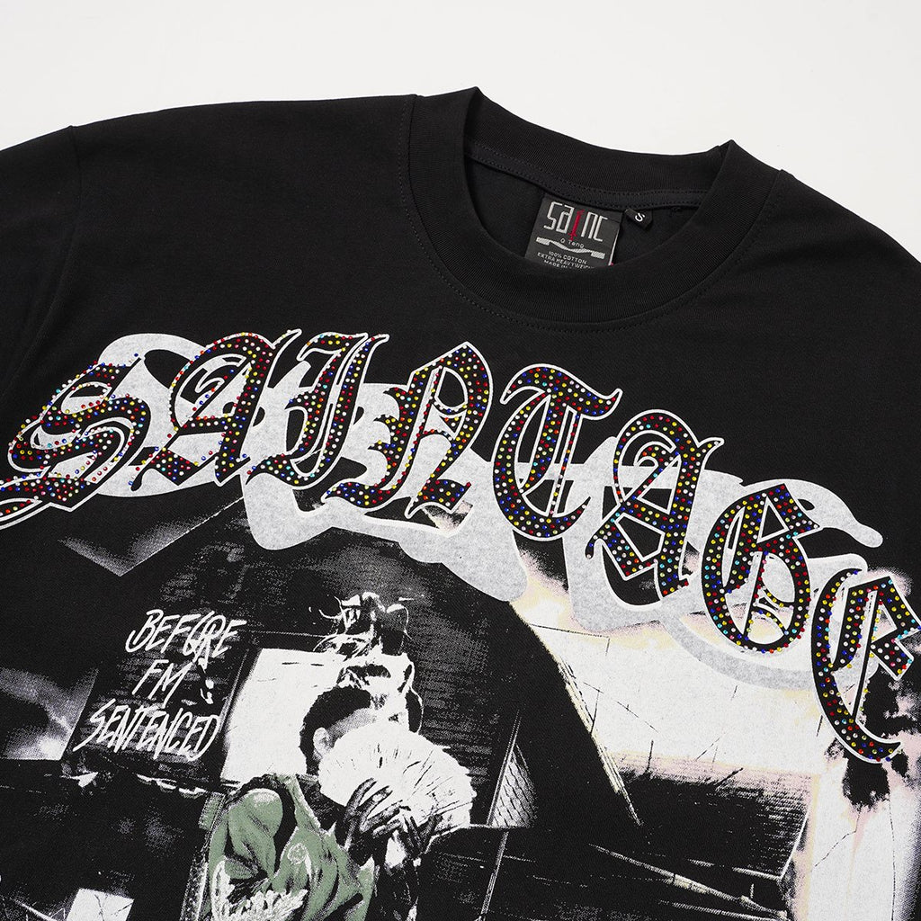 SAINT Black Rhinestone Graphic T-Shirt — detail
