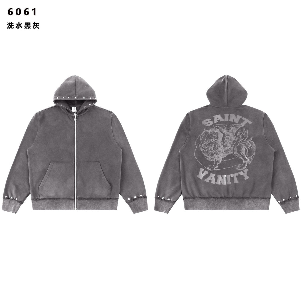 SAINT Washed Animal Graphic Zip Hoodie & Shorts Set — front