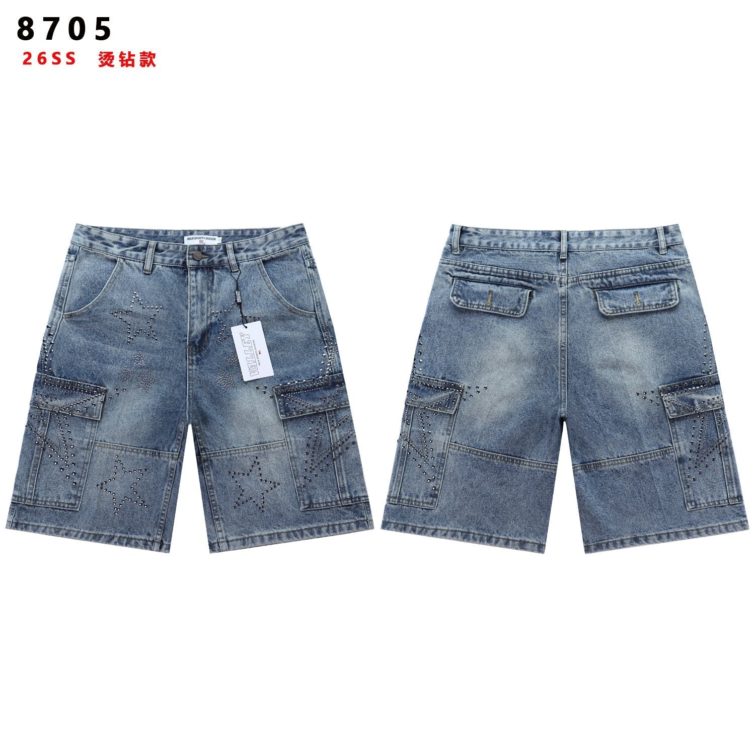 VALLEY Star Rhinestone Denim Cargo Shorts — hero