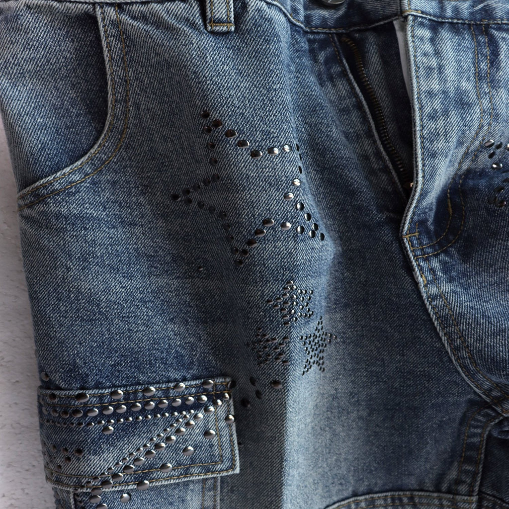 VALLEY Star Rhinestone Denim Cargo Shorts — detail