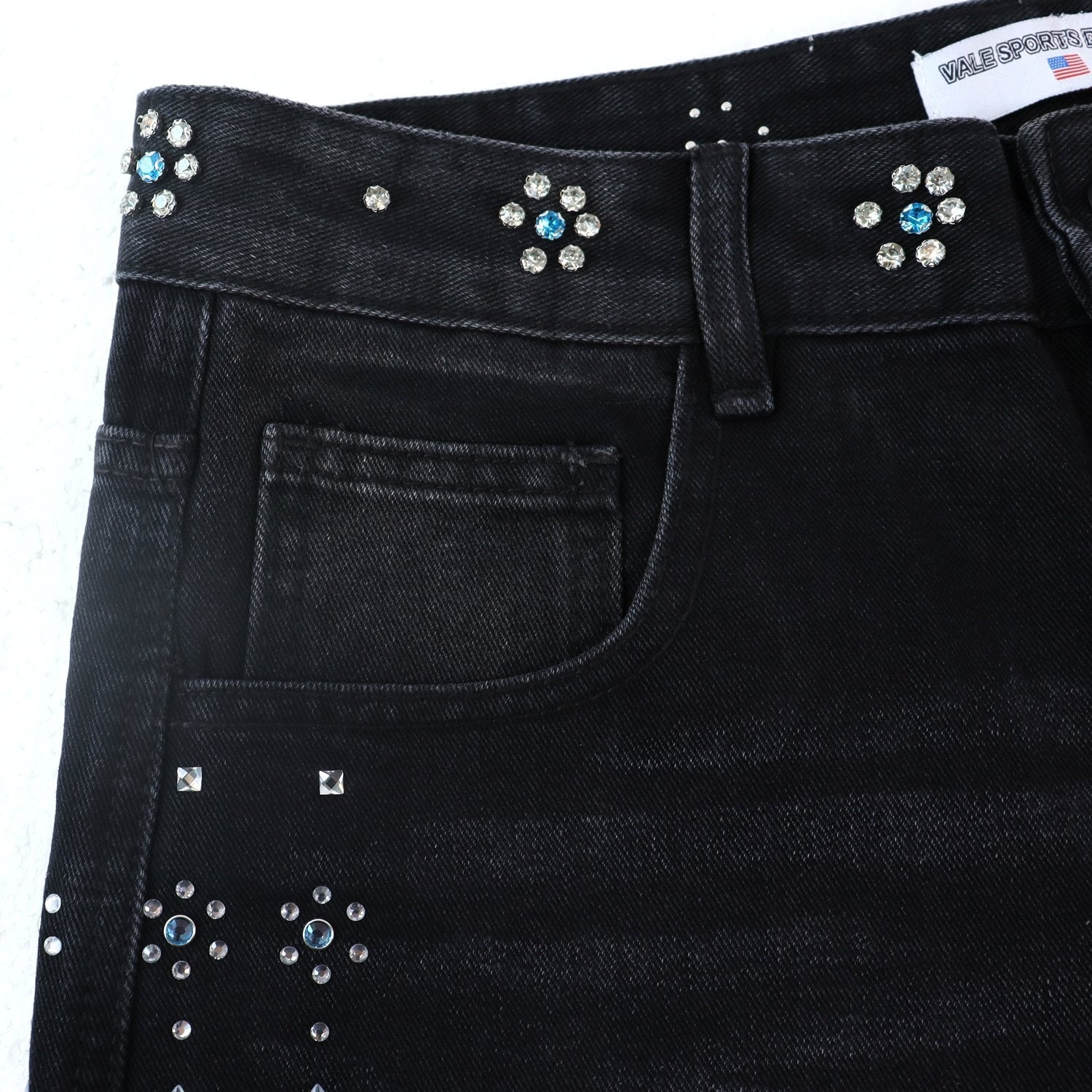 Vale Forever Rhinestone Side-Detail Washed Denim Shorts — detail