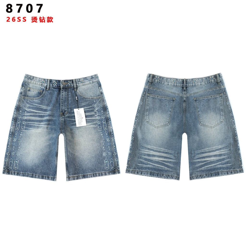 Vale Forever Rhinestone Side-Detail Washed Denim Shorts — hero