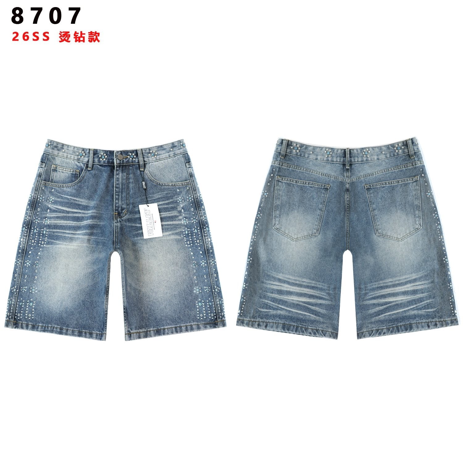 Vale Forever Rhinestone Side-Detail Washed Denim Shorts — hero