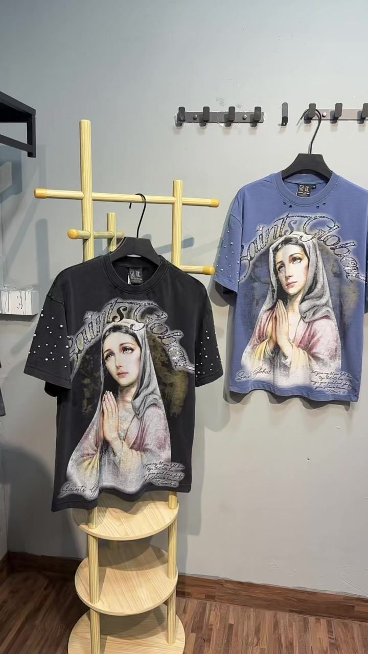 SAINT Distressed Rhinestone Graphic T-Shirt — context