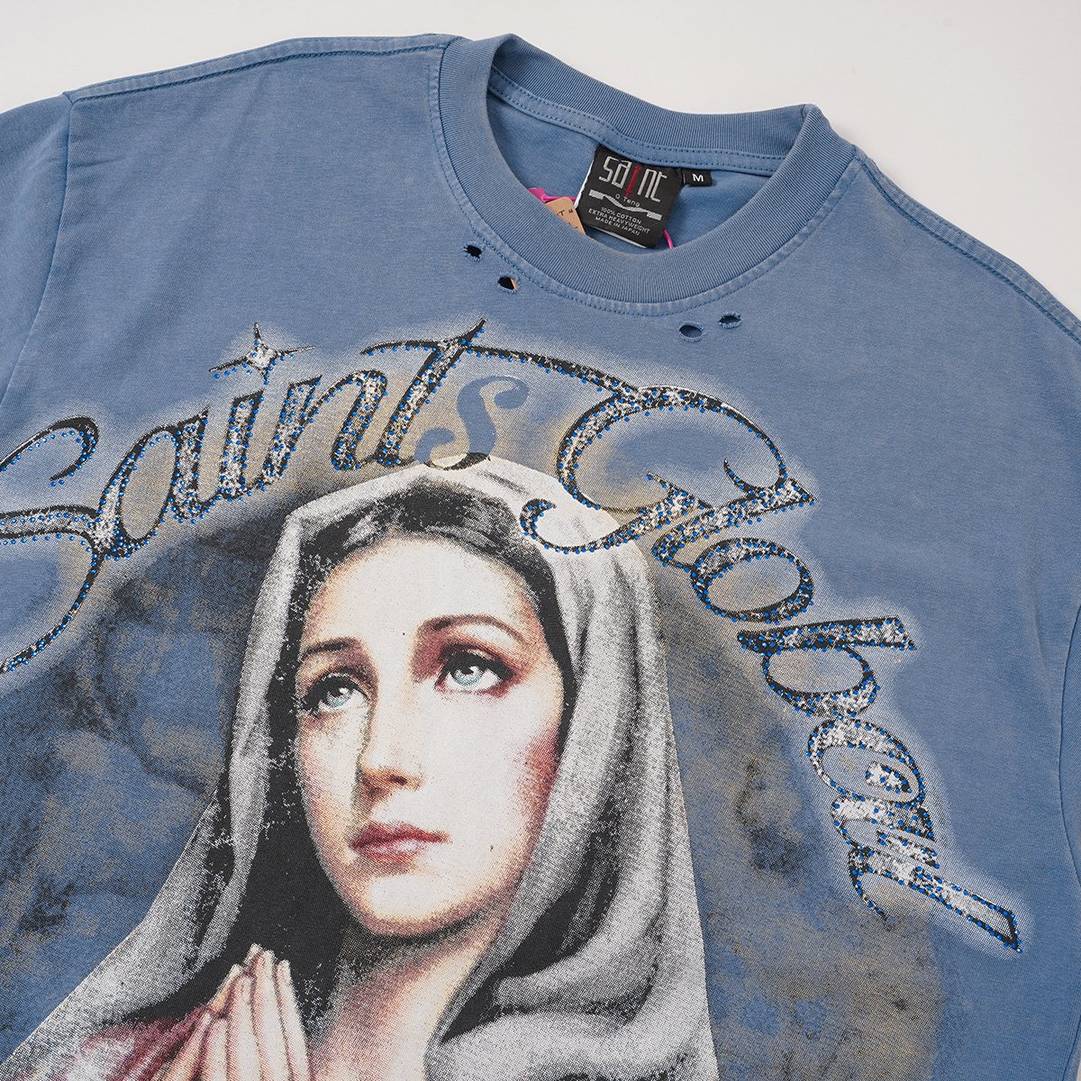 SAINT Distressed Rhinestone Graphic T-Shirt — detail