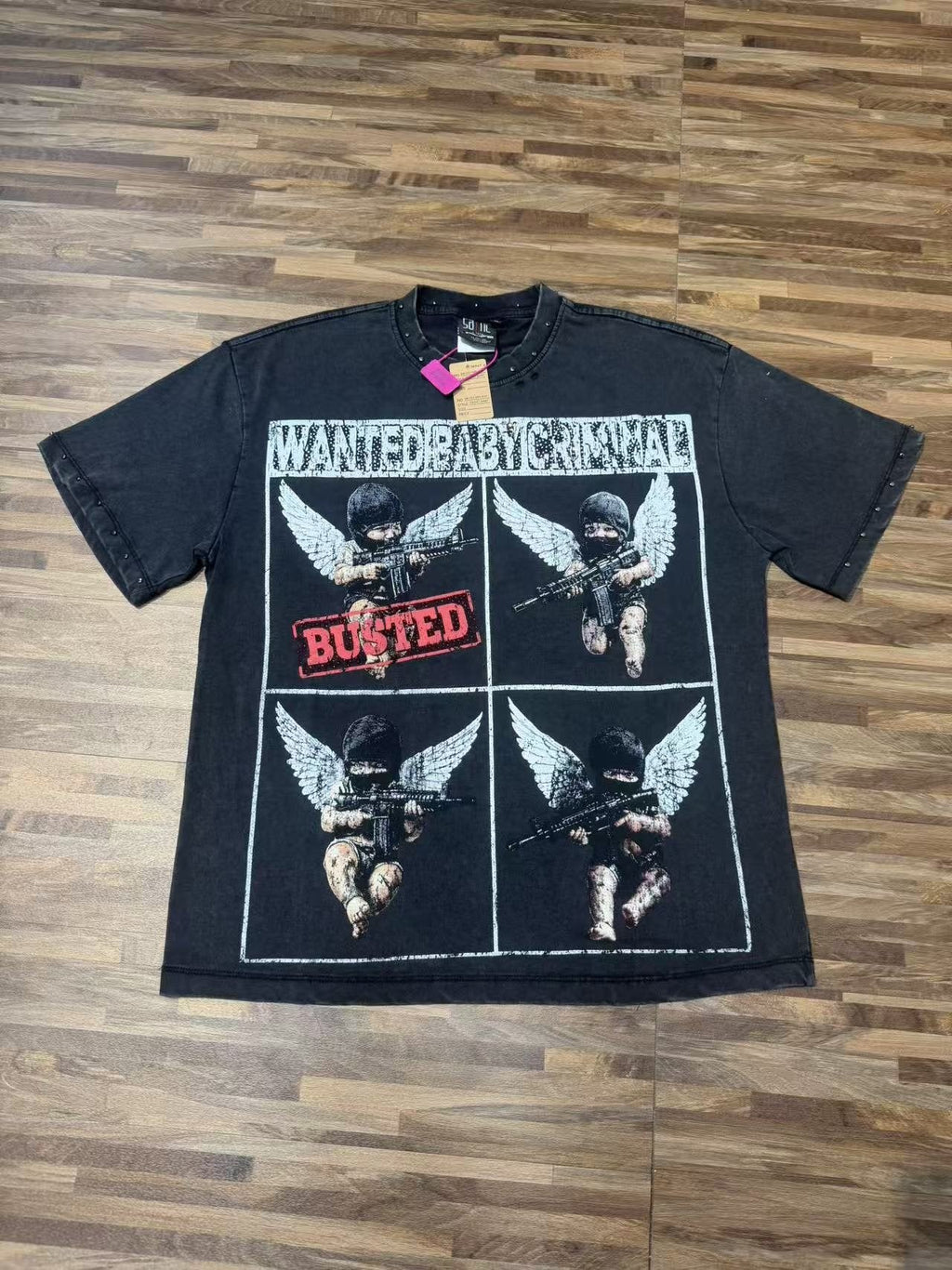 SAINT Rhinestone Distressed Graphic T-Shirt — front