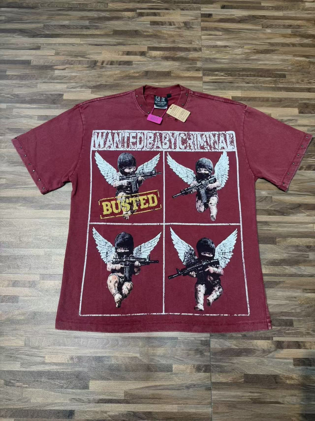 SAINT Rhinestone Distressed Graphic T-Shirt — front
