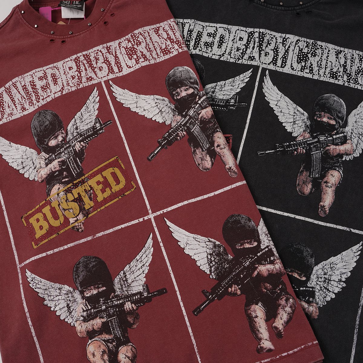 SAINT Rhinestone Distressed Graphic T-Shirt — detail