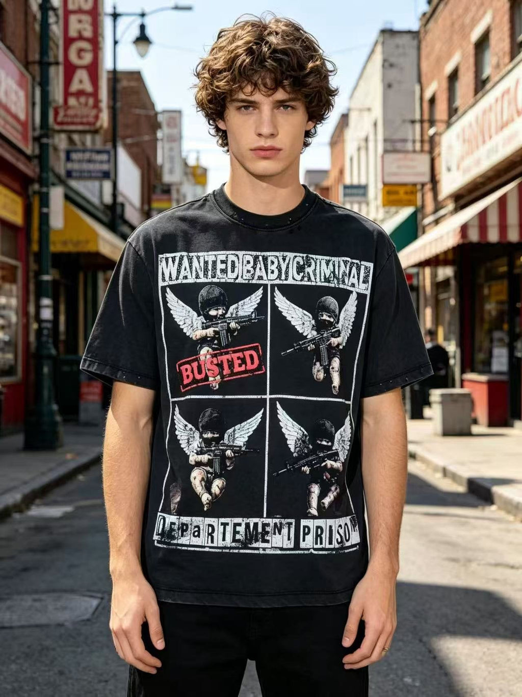 SAINT Rhinestone Distressed Graphic T-Shirt — model