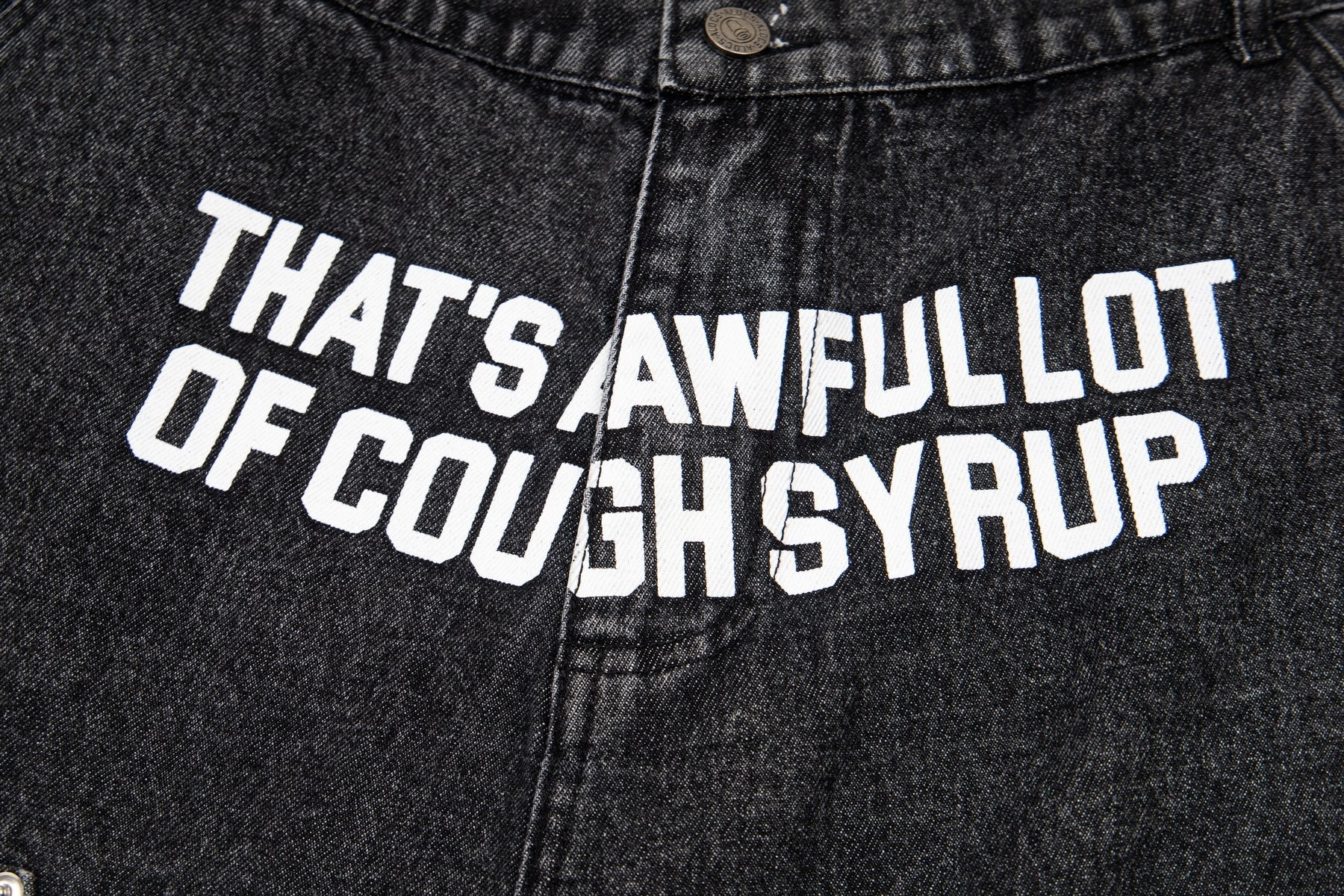 THAT'S A AWFUL LOT OF COUGH SYRUP Washed Denim Graphic Shorts — detail